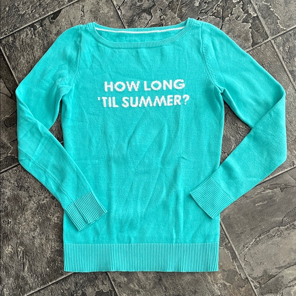 Turquoise Scoop-neck Cotton Sweater w Summer Text Cottagecore Preppy Winter
